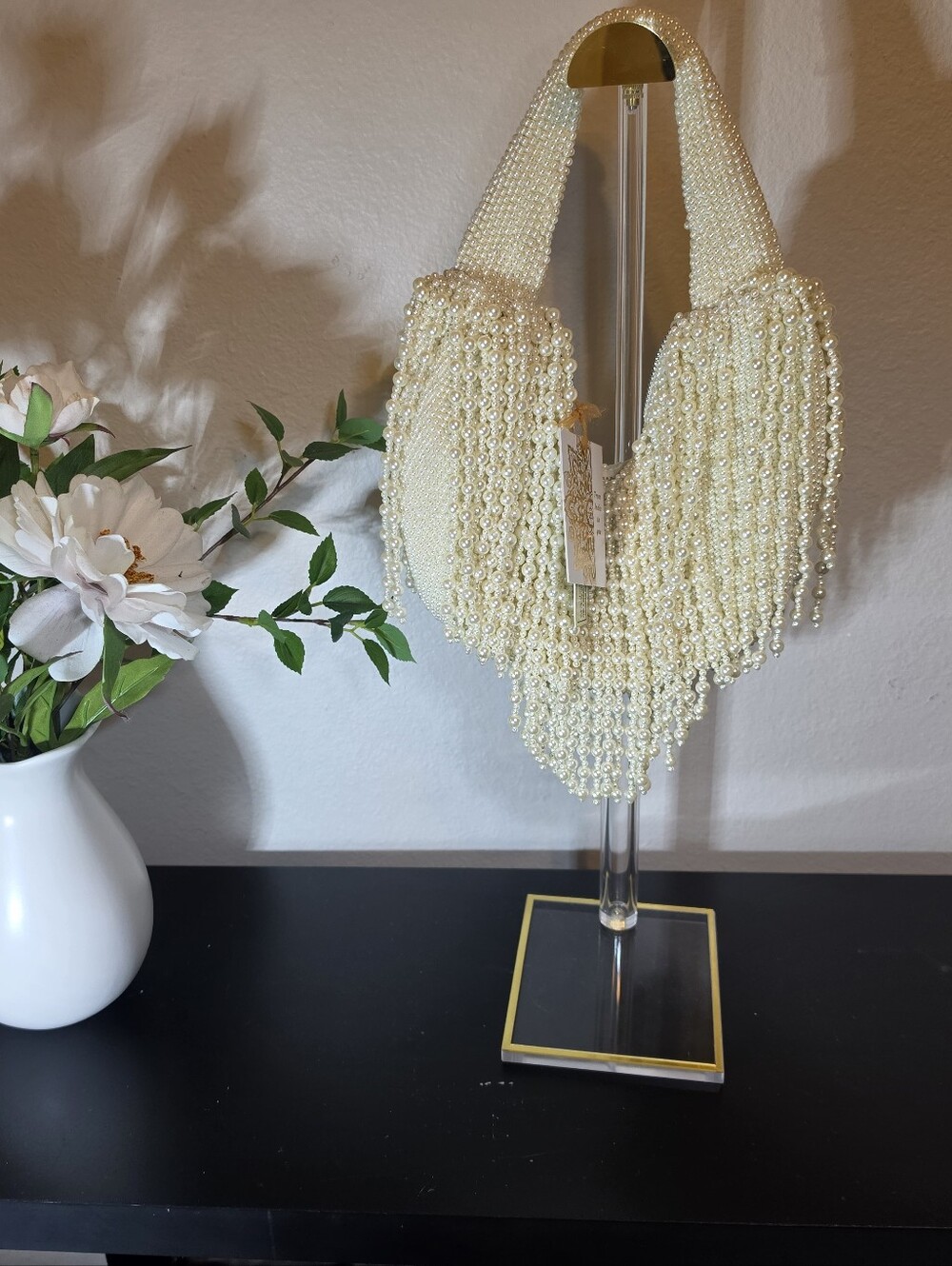 NWT "From India to You" Pearl Beaded Fringe Shoulder Bag Ivory Cream Handbag